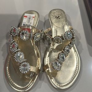 ince Camuto Imanal Gold And Crystal Leather Sandals Flip Flops Size 8